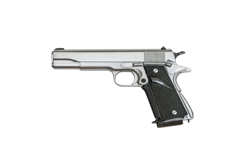 Semi-automatic pistol with a sleek design, featuring a polymer frame, textured grip, and iron sights, ideal for personal defense and target shooting.