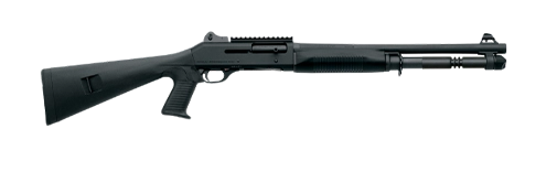 All-black pump-action shotgun with a fixed stock, designed for reliability and versatility in various shooting applications.