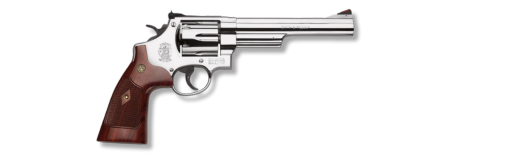 Revolver with polished metal finish and wooden grips, featuring a classic design, suitable for self-defense and recreational shooting.