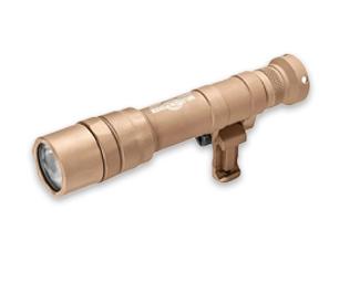Flat dark earth colored tactical flashlight with a rugged design, suitable for mounting on firearms.