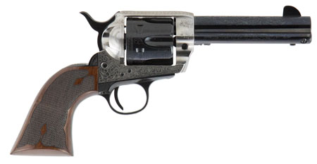 Cimarron Frontier Pre-War .45 Long Colt revolver with 4.75 in blued barrel and old silver engraved frame