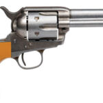 103023 Cimarron RS410 Hollywood Series Rooster Shooter 45 Colt (LC) 6 Shot, 4.75" Trail Worn Blued Steel Barrel, Cylinder & Frame, Wide Front Sight, Aged-Looking Orange Finger Grooved Grip