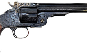 Taylors and Company Top Break Schofield .45 Long Colt 7 inch blued engraved revolver with walnut grips