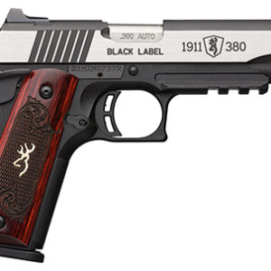 Browning 051971492 1911 Black Label Medallion Pro 380 ACP 8+1 4.25" Target Crown Barrel, Blackened w/Silver Polished Flats Serrated SS Slide, Matte Black Polymer Frame w/Beavertail & Picatinny Rail