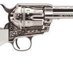 136758 Cimarron PP410LNTXR Frontier Texas Ranger 45 Colt (LC) 6 Shot, 4.75" Engraved Nickel-Plated Steel Barrel, Cylinder & Frame, Engraved "One Riot, One Ranger" Ejector Rod, White Polymer Grip