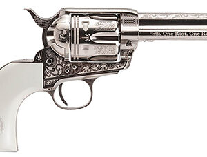 Cimarron PP410LNTXR Frontier Texas Ranger 45 Colt (LC) 6 Shot, 4.75" Engraved Nickel-Plated Steel Barrel, Cylinder & Frame, Engraved "One Riot, One Ranger" Ejector Rod, White Polymer Grip