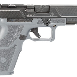 ZEV OZ9 Combat 9mm pistol right-side view gray polymer frame black DLC slide