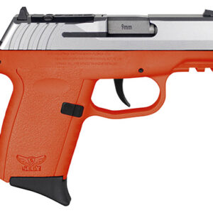 SCCY CPX2TTORRDRG3 9mm pistol with serrated stainless slide and orange polymer grip, right-hand