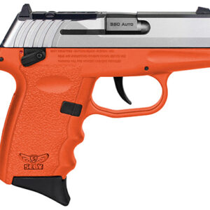 SCCY CPX4TTORRDR .380 ACP pistol with orange polymer grip and stainless steel slide