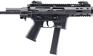 B&T SPC9 SD 9mm carbine with RBS suppressor and Tele Brace adapter, black polymer grip