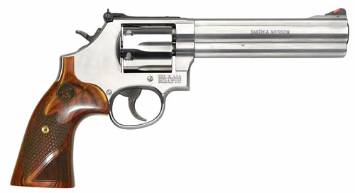 Smith & Wesson 686 Plus 6-inch stainless revolver with textured wood grips, .357 Magnum/.38 Special +P