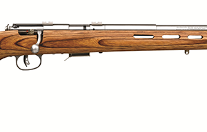 Savage 93R17 BTVS 17 HMR rifle with 21-inch heavy stainless barrel and brown thumbhole laminate stock
