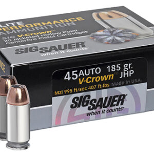 Sig Sauer E45AP020 Elite Performance  45 ACP 185 gr V Crown Jacketed Hollow Point 20 Per Box/ 10 Case