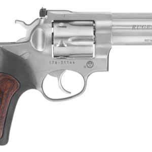 Ruger GP100 .357 Magnum stainless revolver with HiViz front sight and black rubber/hardwood grip