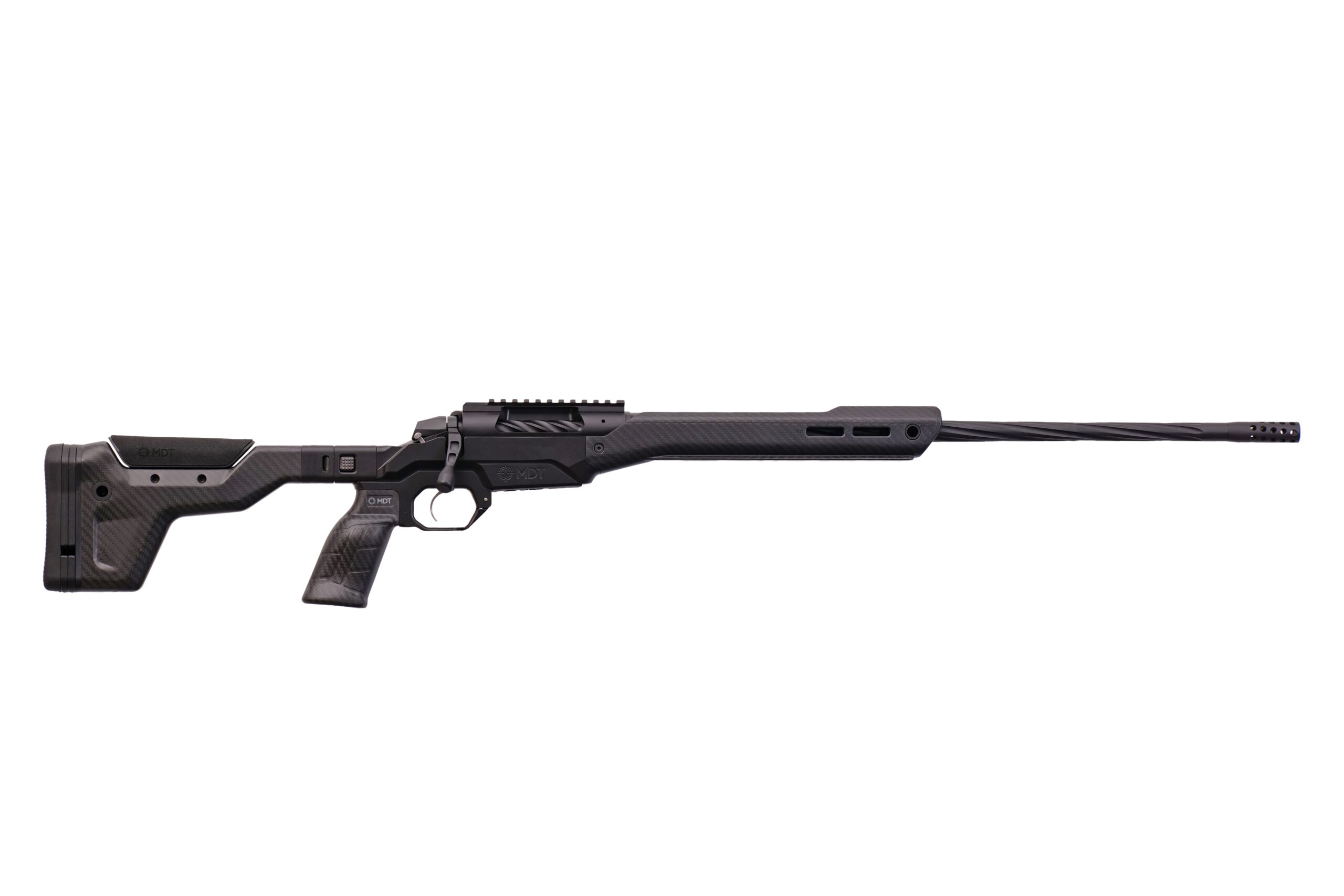 Weatherby 307 rifle with MDT carbon fiber chassis and fluted threaded barrel in black