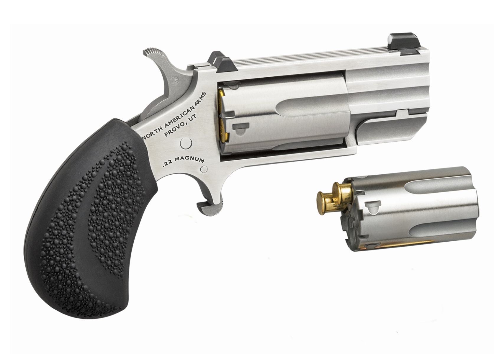 North American Arms PUG DC stainless 1 inch barrel 5-shot revolver with black rubber grip and XS white dot sight