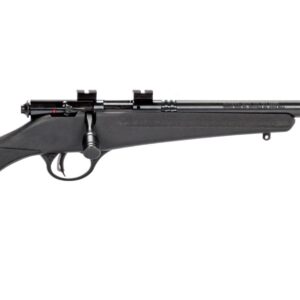 Savage Rascal FV-SR 22 LR single-shot youth rifle with 16.125 inch heavy threaded barrel and black synthetic stock