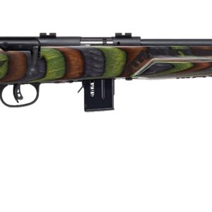 Savage 93R17 Minimalist rifle with green Boyd's laminate stock and 18 inch threaded barrel