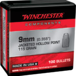 133816 Winchester Ammo WB9JHP115X Centerfire Handgun Reloading 9mm .355 115 gr Jacket Hollow Point 100 Per Box/ 10 Case