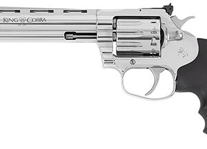 Colt King Cobra Target .22 LR stainless revolver with black Hogue overmolded grips and fiber optic sight