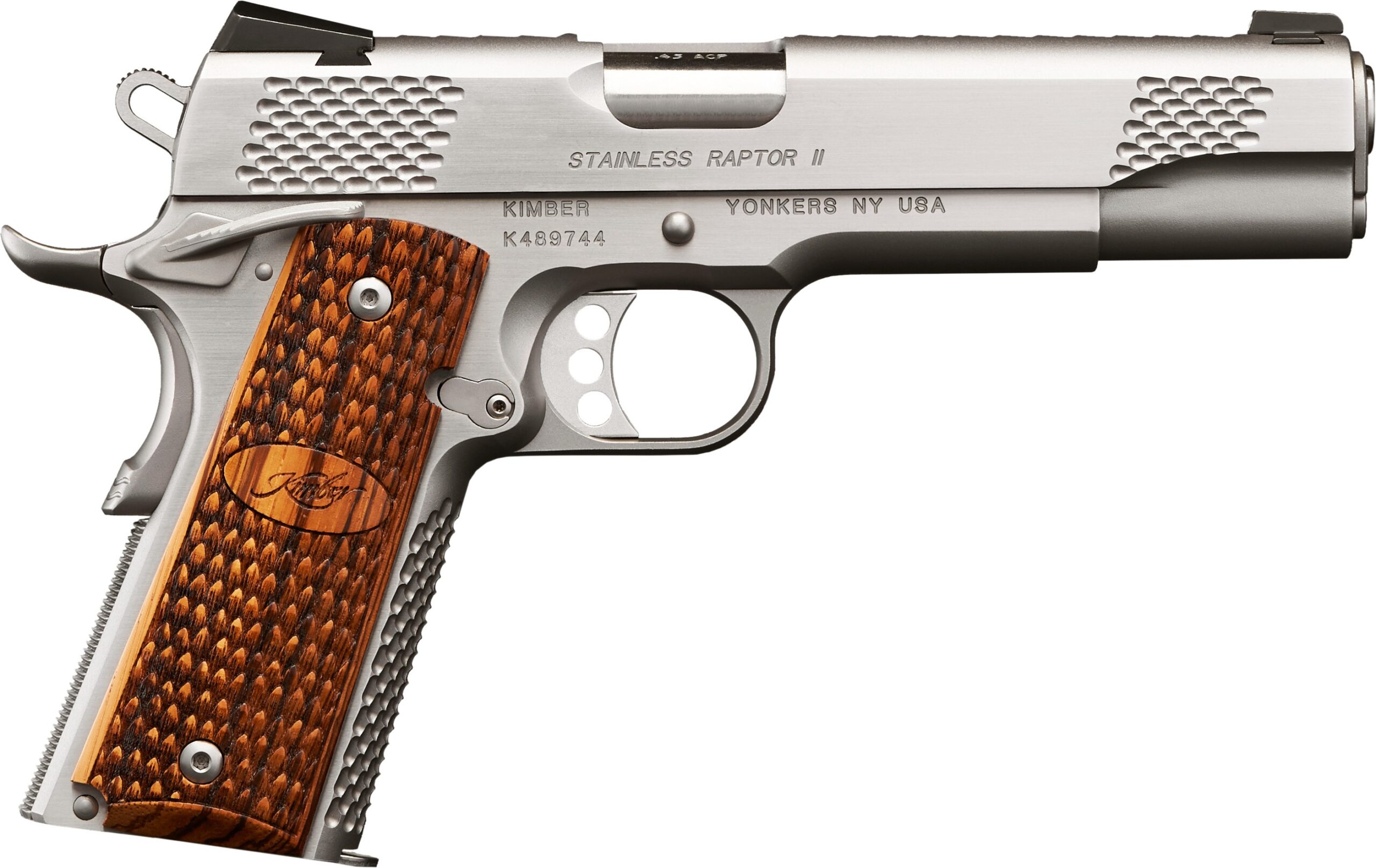 Kimber STS Raptor II 10mm stainless pistol with Zebrawood grips and tritium night sights