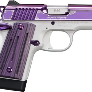Kimber MICRO 9 AMETHYST 9mm pistol with purple PVD slide, KimPro II silver frame and black/purple G10 grips