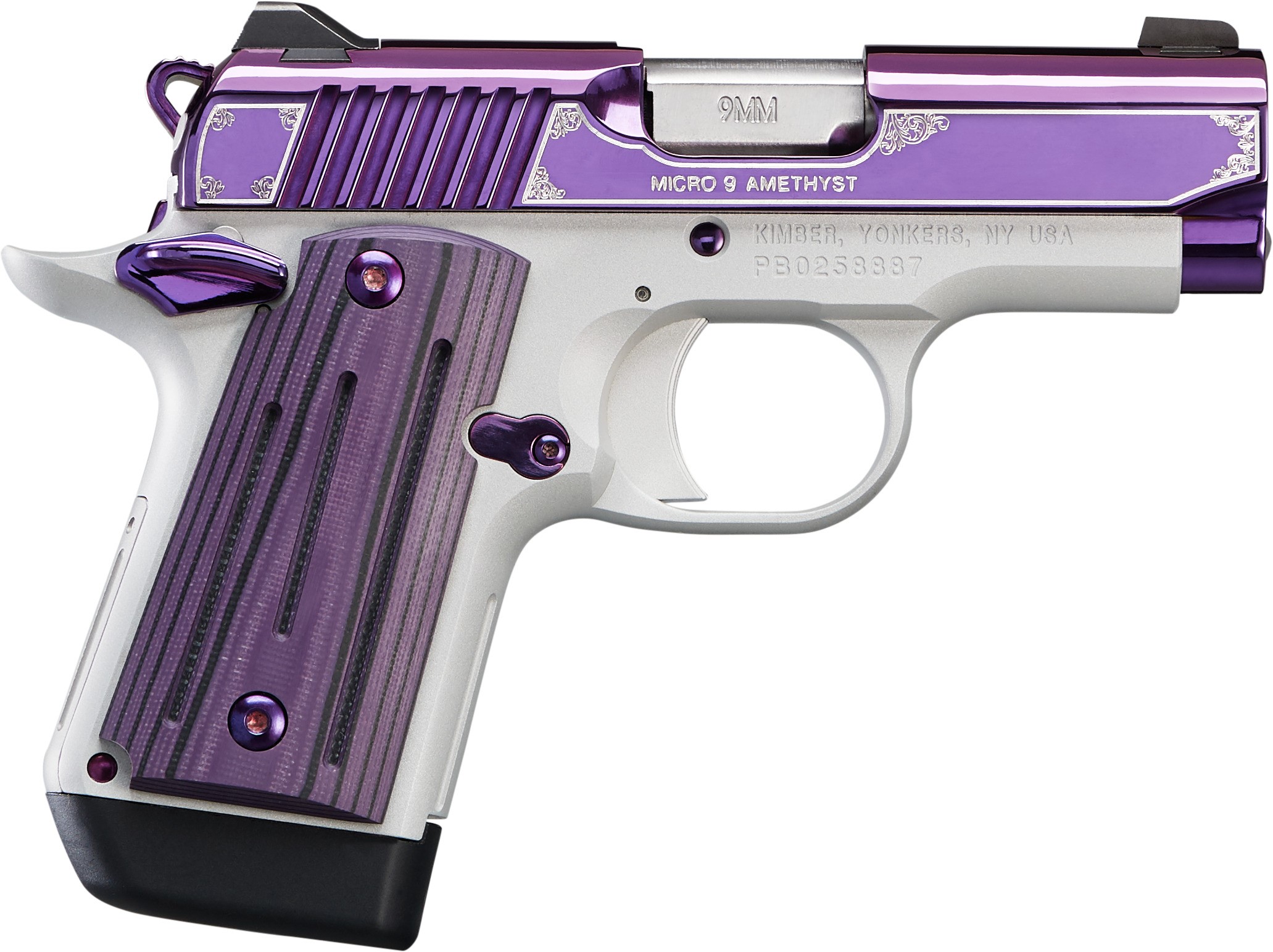 Kimber MICRO 9 AMETHYST 9mm pistol with purple PVD slide, KimPro II silver frame and black/purple G10 grips