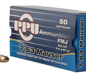 PPU PPH763 Handgun  7.63mm Mauser 85 gr Full Metal Jacket 50 Per Box/ 10 Case