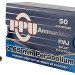 57093 PPU PPH765P Handgun 7.65x21mm Parabellum 93 gr Full Metal Jacket 50 Per Box/ 20 Case