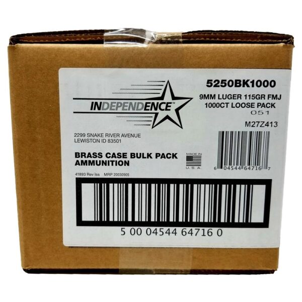 CC5250BK1000 CCI independence brass handgun ammunition 9mm luger 115 gr fmj 1145 fps 1000 ct Loose pack CCI Independence Handgun Ammunition 9mm Luger 115 gr FMJ 1145 fps 1000/ct (Loose Pack)