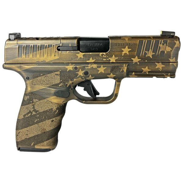 FKHCP9379BOSPDISFLAGBB 1 Springfield Hellcat Pro OSP "Distressed Flag Burnt Bronze" Handgun 9mm Luger 15rd(2) Magazines 3.7" Barrel