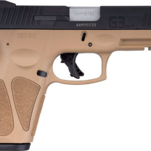 Taurus G3 9mm full-size pistol with tan polymer frame and black serrated slide, 4-inch barrel