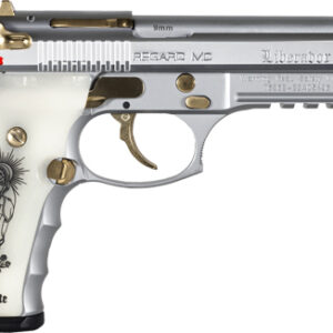 Girsan Regard MC Liberador 9mm pistol polished chrome with gold accents and Santa Muerte grips