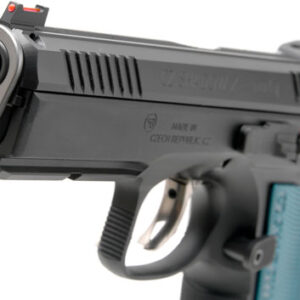 CZ-USA Shadow 2 ACCU 9mm pistol with blue aluminum grips and fiber optic front sight
