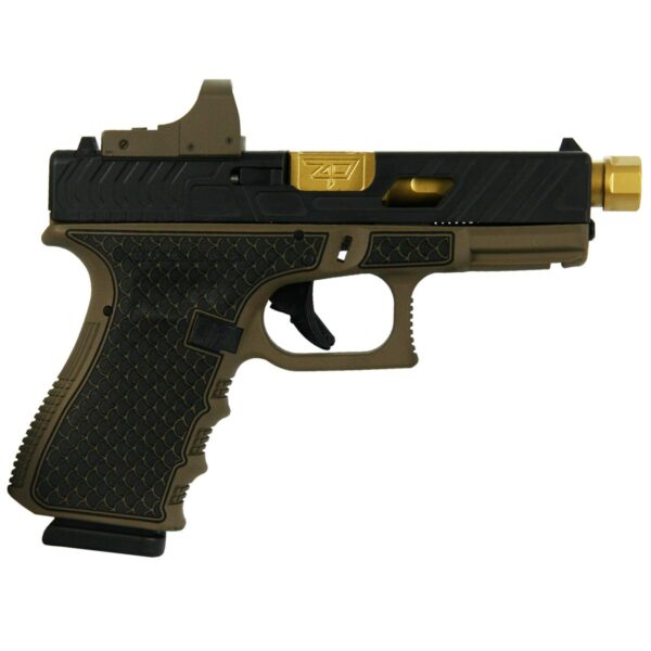 GLPI1950203BBTBFDE 1 Glock 19 Gen 3 Custom "Threaded Gold Barrel Tarpon FDE Frame" Handgun 9mm Luger 15/rd Magazines (2) 4.6" Barrel with Burris Fast Fire II Red Dot Austria