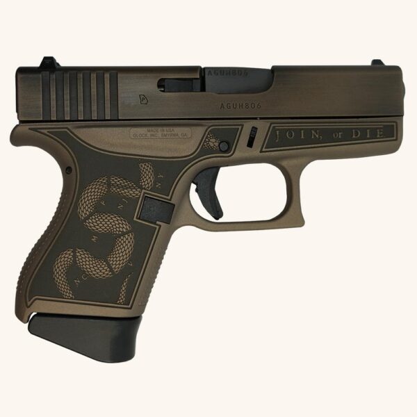 GLUI4350201REV 1 Glock 43 Custom "Revolution Engraved Colonial Brown" Subcompact Handgun 9mm Luger 6rd Magazines(2) 3.4" Barrel FRAME ONLY BW