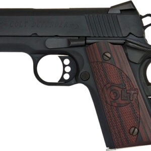 Colt Defender 9mm compact 3-inch 1911-style pistol with blued slide and black cherry G10 grips