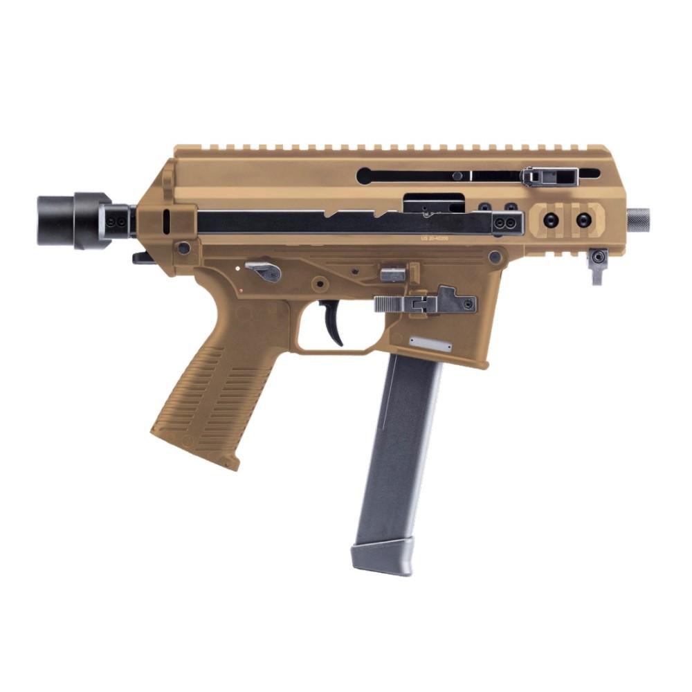 B&T APC9K PRO 9mm pistol in coyote tan with threaded 4.3-inch barrel