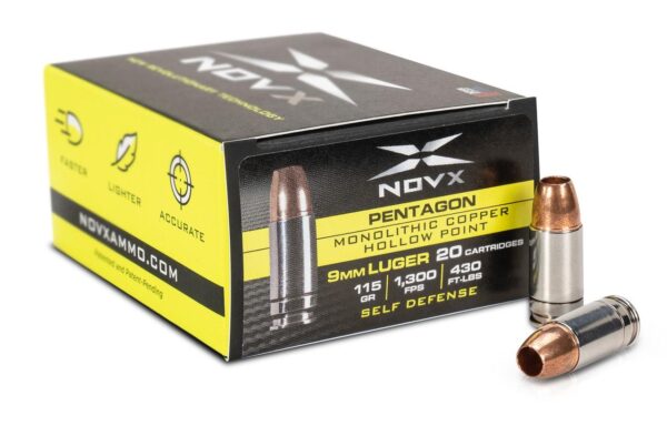 Pentagon20115gr209mm20Packaging20image NovX Pentagon Handgun Ammunition 9mm Luger 115gr CHP 1300 fps 20/ct