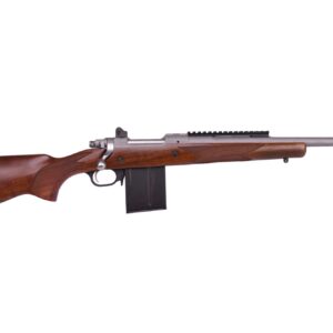 Ruger Gunsite Scout .308/7.62 NATO rifle with 16.5-inch threaded barrel, matte stainless finish, walnut stock