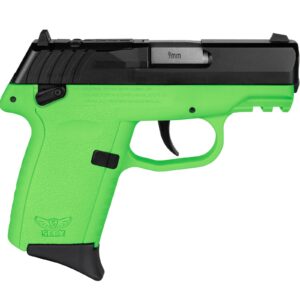 SCCY CPX1CBLGRDRG3 9mm pistol with lime green polymer grip and black nitride slide