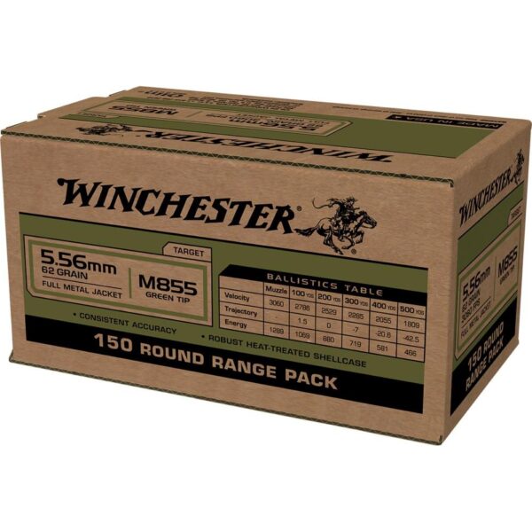 WNWM855150 2 2 Winchester USA Lake City M855 Green Tip Rifle Ammunition 5.56mm 62 gr. FMJ 1255 fps 150/ct