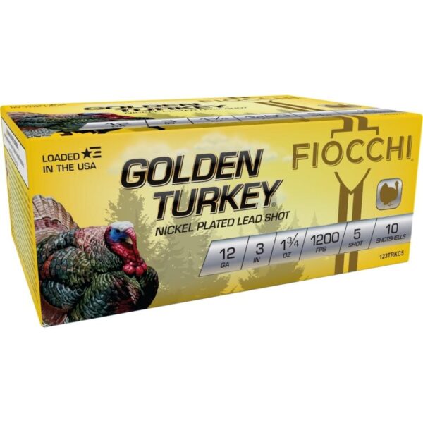 XN123TRKC5 1 Fiocchi Golden Turkey Nickel Plated Shotshells 12ga 3" 1-3/4oz 1200 fps #5 10/ct