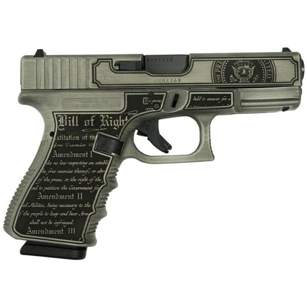 g19 gen3 compact 9mm 4in 2 15rd trump 2024 crushed silver distressed black glui1950203t24 right Glock 19 Gen 3 Custom "Trump 2024" Compact Handgun 9mm Luger 15rd Magazines (2) 4.02" Barrel Crushed Silver Distressed Black USA