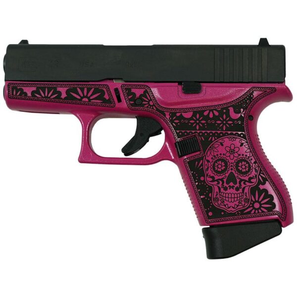 glock g43 sub compact 9mm 3 4 3 6rd engraved frame only sugar skull pink medusa glui4350201skp left1 Glock 43 Custom "Sugar Skull" Pink Medusa Subcompact Handgun 9mm Luger 6rd Magazines (3) 3.4" Barrel Frame Only