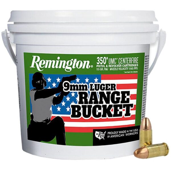 remington umc range bucket ammunition 9mm luger 115 gr mc 1145 fps 350ct RT23635 Remington UMC "Range Bucket" Ammunition 9mm Luger 115 gr MC 1145 fps 350/ct