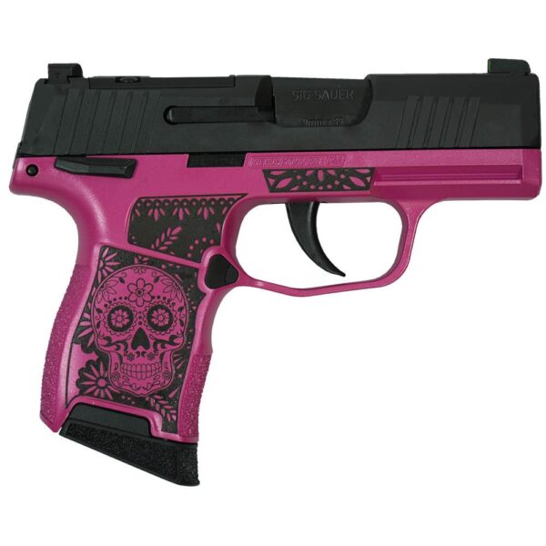 right Sig Sauer "Sugar Skull Medusa Pink Frame Only" P365 Optic Ready Handgun 9mm Luger 10rd Magazines(2) 3.1" Barrel X-RAY 3 Sights Manual Safety