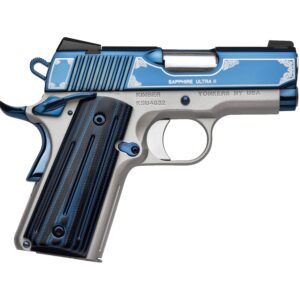 Kimber Sapphire Ultra II 9mm pistol, 3-inch barrel, bright blue PVD slide, satin silver frame, blue-black G10 grips