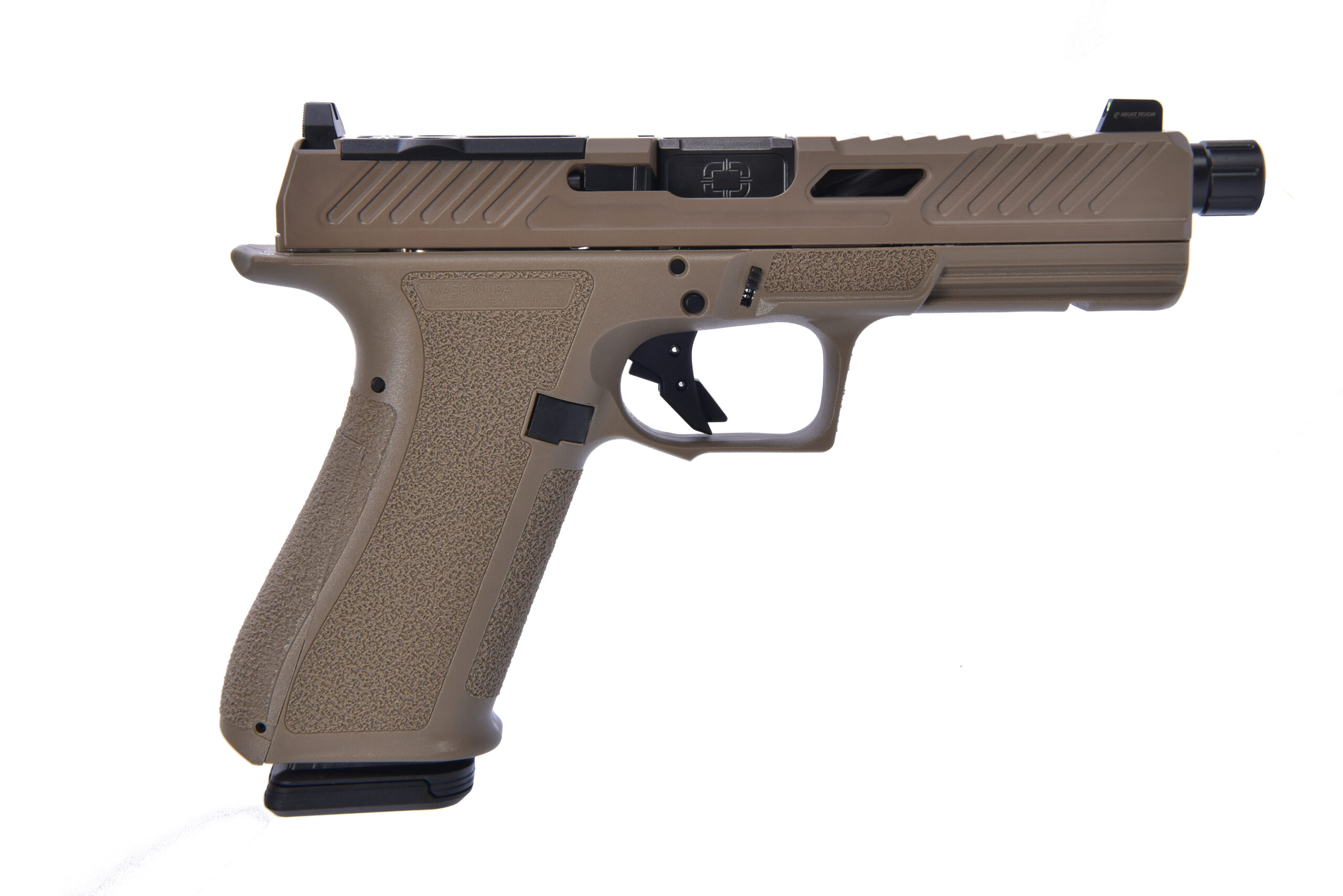 Shadow Systems DR920 9mm Flat Dark Earth optics-ready pistol with threaded barrel