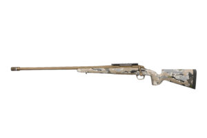 a rifle with a white and brown camouflage pattern